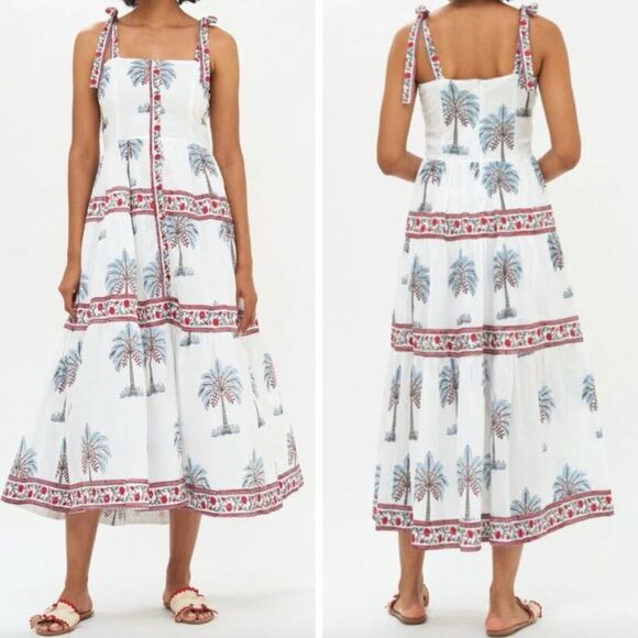Tuckernuck Oliphant Tie Strap Midi Dress Size XL Kiawah Red White Palm Tiered - Picture 1 of 16